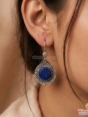 Handmade Blue Gemstone Dangle Earrings: Silver Tone Lapis Lazuli Earrings